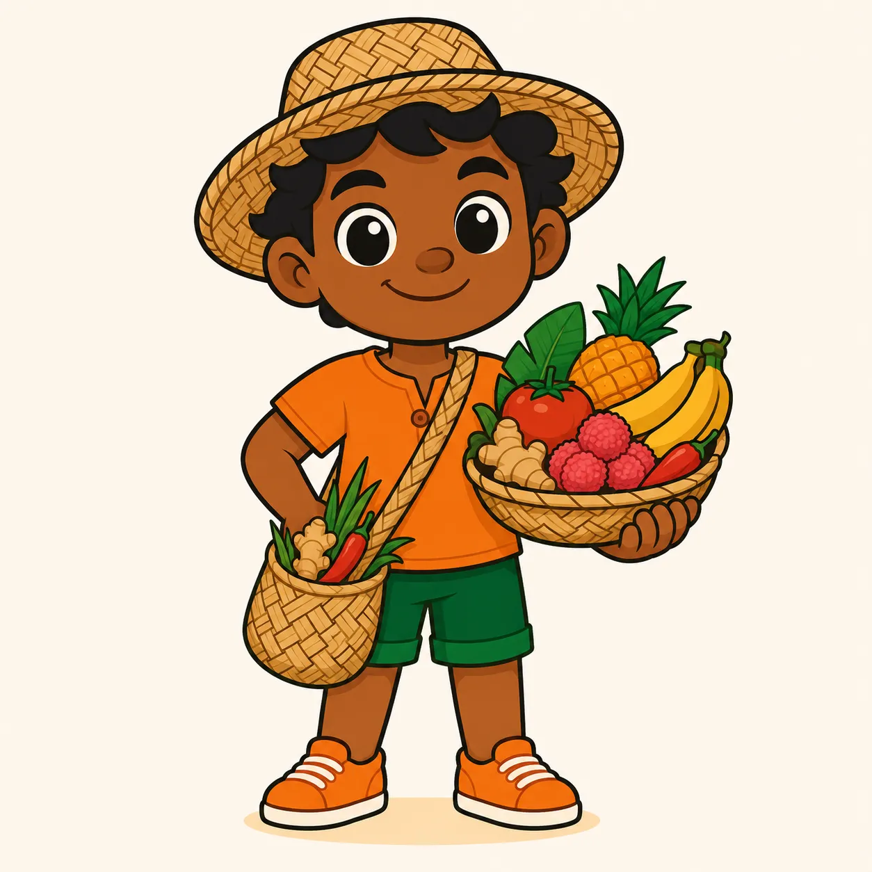 Ti Boug, la mascotte : un boug péi avec chapeau bakoua, son cabas et un panier de fruits et légumes