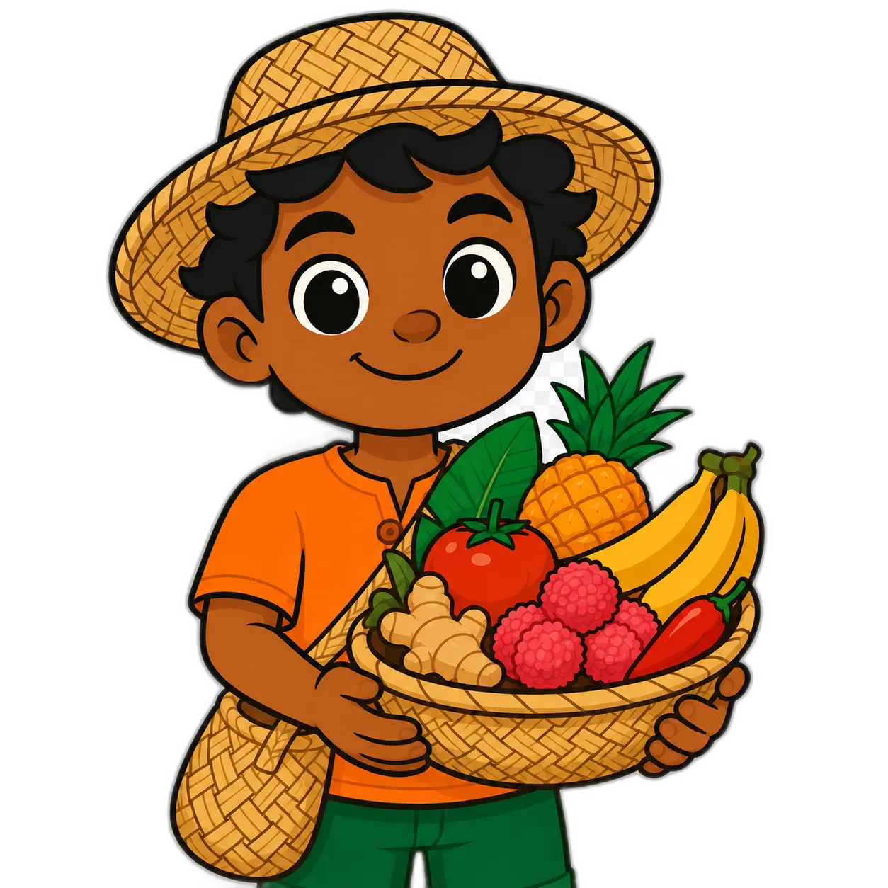 Ti Cok tenant un panier garni de fruits et légumes péi